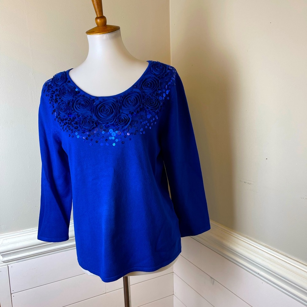 Ruby Rd. Royal Blue Scoop Neck Sweater with Rosette Detail